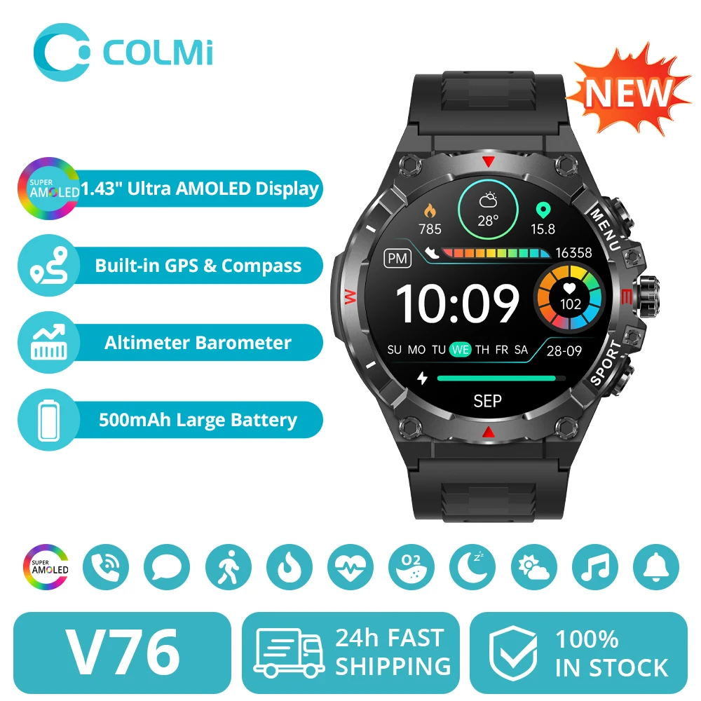 2025 COLMI V76 GPS-Smartwatch, 1,43 Zoll Ultra-AMOLED-Display, integrierter GPS- und Kompass, Höhenmesser, Barometer, Smartwatch, 500-mAh-Akku Image