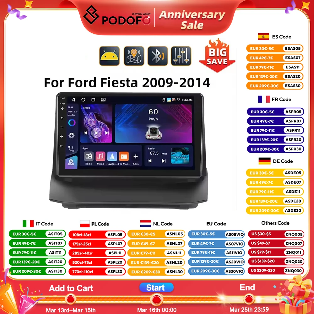 Podofo 2Din 8Core Car Radio For Ford Fiesta 2009-2014 Multimedia Player GPS Navigation WIFI 4G Carplay Android Auto Car Stereo Image