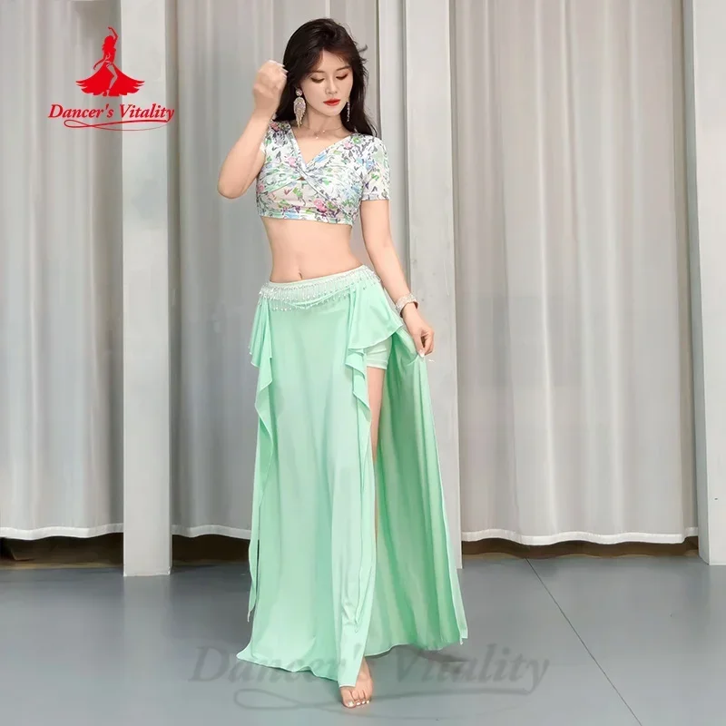 Bauchtanz Kostüm Set Senior gedruckt Mesh Top sexy Split langen Rock 2 stücke Frauen orientalischen Tanz profession elle Übungs kleidung