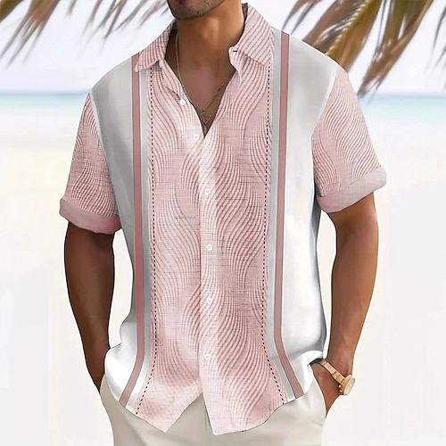 Herren Geometrisch Gestreift Hemd Freizeithemd Knopfhemd Kurzarm Modisch lässig Outdoor Urlaub Ferien Sommer Frühling Umlegekragen 3D-Druck Hemden mit Kragen Hellblau Rosa Khaki Dunkelblau Image