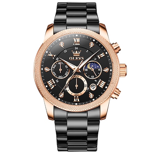Olevs 3660 Herrenuhr Multifunktions-Quarzuhr in Schwarz für Herren, wasserdicht, Chronograph, Mondphase, originale Herren-Armbanduhren