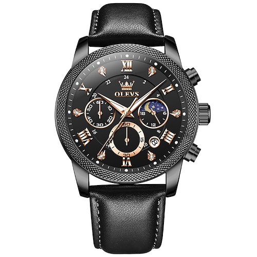 Olevs 3660 Herrenuhr Multifunktions-Quarzuhr in Schwarz für Herren, wasserdicht, Chronograph, Mondphase, originale Herren-Armbanduhren Image