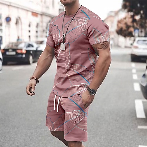 Herren Tropische Blumen 2St T-Shirts-Sets Sommeroberteile Kurzarm Kurze Hosen Rundhalsausschnitt Urlaub Lässig Outdoor Urlaub Sport 3D-Druck Sommer Violett Rubinrot Rosa Image