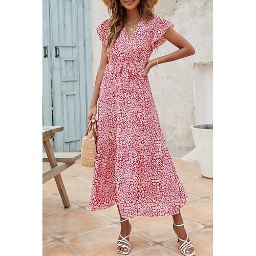 Damen Midikleid Blumenkleid Druckkleid Modern Outdoor Ferien Wochenende Normale Passform Blume Kurzarm V Ausschnitt Schwarz Wein Leicht Blau Sommer Image