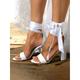 Women's White Satin Block Heel Wedding Sandals – Open Toe Bridal Shoes with Ribbon Ankle Wrap