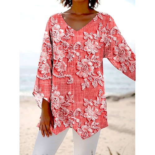 Damen Bluse Lange Ärmeln Asymmetrischer Saum 3D Druck Floral Grafik Hawaiianisch Stylisch Casual Kurze Ärmel V-Ausschnitt Reguläre Tops Daily Urlaub Ausgehen Druck Rot Blau Lila Grün Khaki Sommer Image