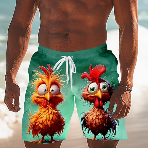 Herren Tiermotiv Küken Lustig Badeshorts Boardshorts Mittlere Taille Streetwear Hawaiianisch Urlaub Kordelzug Netzfutter Elastischer Bund Designer Bekleidung Image