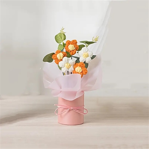 Handgefertigter geflochtener Garn Kunstblumenstrauß - 1 Set mit Stoffgewebten Blumen Plastik-Eimer Geschenkpapier 5 Garn-Häkelblumen - Geeignet für Geschenke Wohnungsdekoration Weihnachtsgeschenk Image
