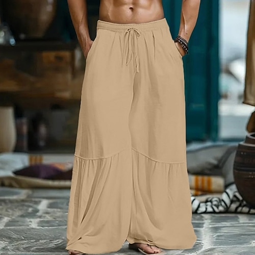 Herren Weite Hosenbeine Leinenhosen Hose Sommerhose Baggy-Hosen Patchwork Kordelzug Elastischer Bund Einfach Komfort Atmungsaktiv Outdoor Yoga Fitnessstudio Mode Retro Vintage Schwarz Weiß Image