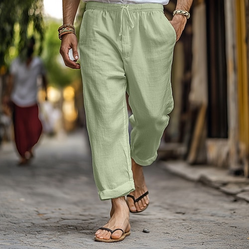 Herren Leinenhosen Hose Sommerhose Gaze-Hosen Kordelzug Elastischer Bund Gerader Schnitt Einfach Komfort Atmungsaktiv Volle Länge Heim Lässig Täglich Mode Klassicher Stil Schwarz Weiß Image