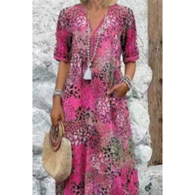Women's Midi Dress Print Dress Modern Outdoor Vacation Holiday Regular Fit Flower Short Sleeve V Neck Red Blue Khaki Rose Pink Summer