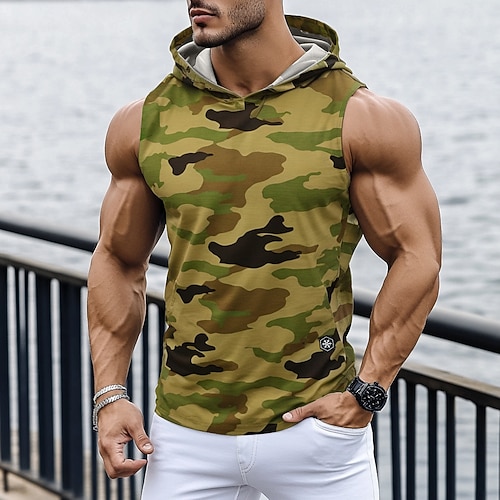 Herren Tank Top Weste Ärmelloser Hoodie Ärmellos Mit Kapuze Sommer Tarnung Mode Streetwear Muskel Mit Kapuze Sport Outdoor Athleisure Fitnessstudio Grün Grau Top T-Shirt für Herren Image