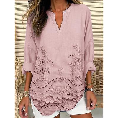 Women's Blouse 3D Print Graphic Basic Casual Long Sleeve V Neck Regular Tops Daily Holiday Buttons Print Pink Light Blue Summer Spring