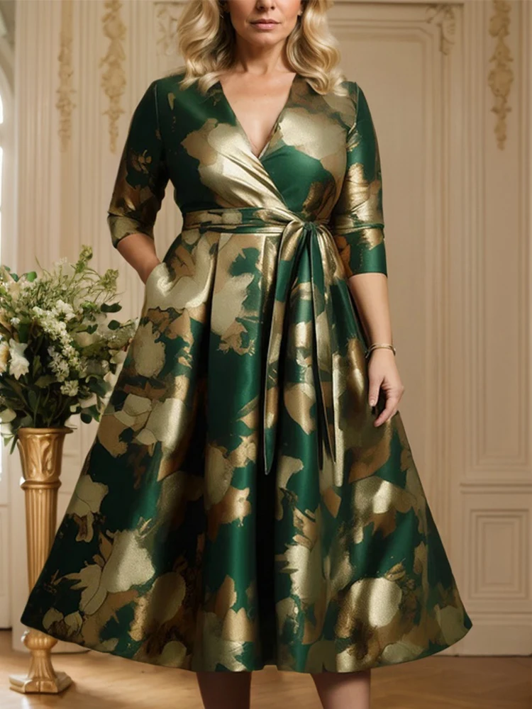 Robe mi-longue en Satin imprimé Floral pour femmes, grande taille, Sexy, col en v plissé, ligne a, élégante, Vintage, décontractée, demi-manches, robe de soirée