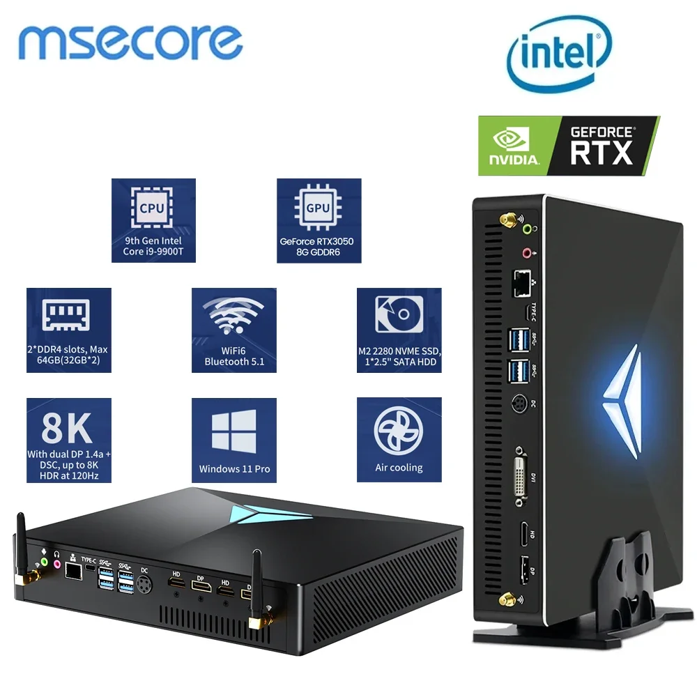 MSECORE MV200 jeu Mini PC Windows 11 Intel Core i9-9900T RTX3050 8G carte discrète ordinateur de bureau bureau MINIPC DDR4 NVME SSD