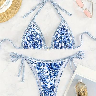 TEMU Porcelain Print Piece Set Bikini, Halter Neck Tie Side High Cut Swimsuits, Women's Swimwear & Clothing