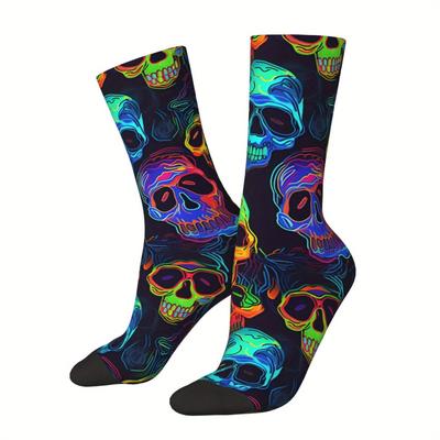 TEMU 1 Pair Men's Neon Skull Pattern Crew Socks, Polyester Knit Fabric With Elastane, Hand Washable, Unisex Style Novelty Socks For Gifts - Random Print