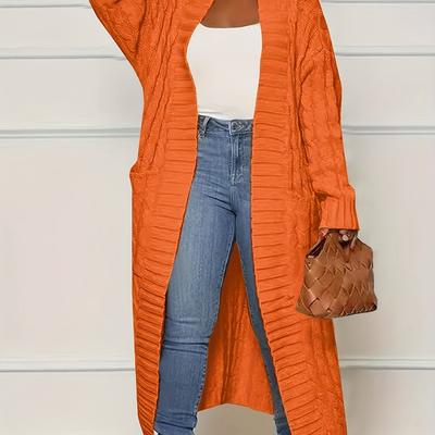 TEMU Women's Casual Knit Cardigan With Pockets, 100% Polyester Solid Color Long Sleeve Open Front Sweater For All , Knitwear|midlength Coat|quilted Texture