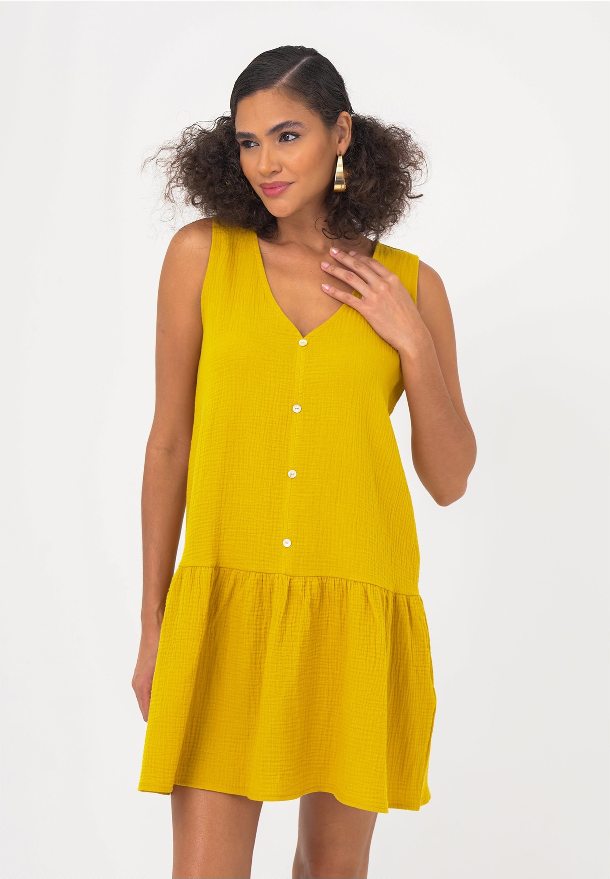 Jerseykleid FRESHLIONS "Penelope", Damen, Gr. S, EURO-Größen, gelb (senf), 100% Baumwolle, unifarben, kurz, V-Ausschnitt, Kleider Jerseykleid, mit klassischem V-Ausschnitt