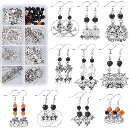 DIY Halloween Drop Earring Making Kits Including Skull & Pumpkin & Spider Alloy Pendants & Beads Glass Beads Brass Earring Hooks Antique Silver & Silver 152Pcs/box