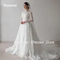 Prowow luxe dentelle perles une ligne robe de mariée manches longues col rond robes de mariée longueur de plancher modeste arabe gratuit personnalisé