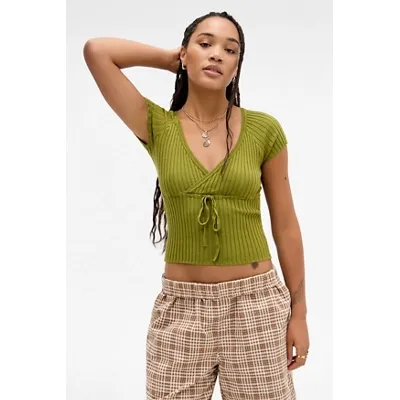 UO Surplice Short Sleeve Top - Green M at Urban Outfitters