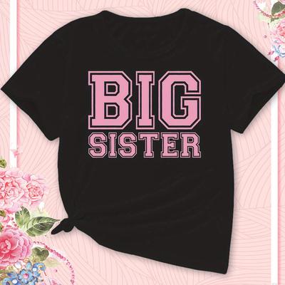 "TEMU "big Sister" Letter T-shirts, Soft & Elastic Comfy Crew Neck Short Sleeve Tee, Girls' Summer Tops, Suitable For" Image