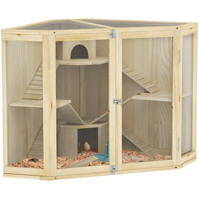 Pawhut - Hamsterkäfig aus Holz, Kleintierstall mit 4 Ebenen, Fütterungsstation, Wippe, Rampe,