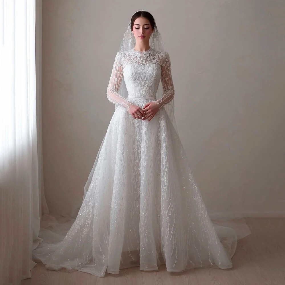 Customized White Tulle O-neck A-line Wedding Dress Draped Sweep Train Full Lace ILLUSION Sleeves Party Bride Gown