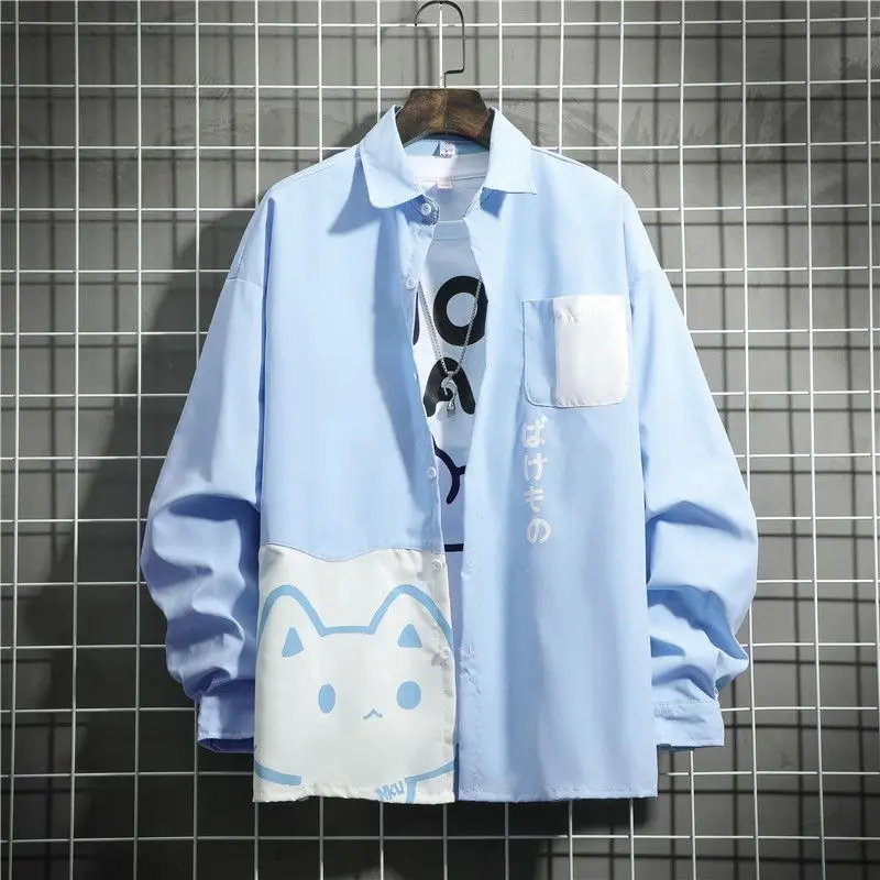 2025, langärmeliges Hemd für Damen, lockerer süßer Katzendruck, japanischer Stil, Harajuku-Paar-Top, Patchwork, einreihige Blusen für Damen Image