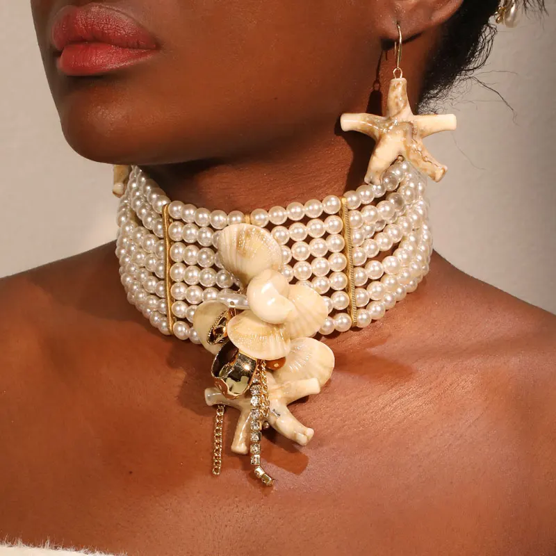 Aussage Vintage Perlen Halsband Halskette & Ohrringe Seestern & Muscheln Design Frauen Trendy Hochzeit Party Schmuck Image