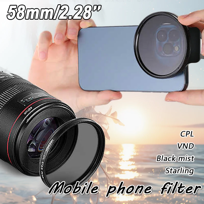 Ultradünner 58 mm ND Star UV Black Mist CPL-Filter mit Blitzschuh-Metallclip für iPhone, Handy, Kamera, Fotografie-Zubehör Image