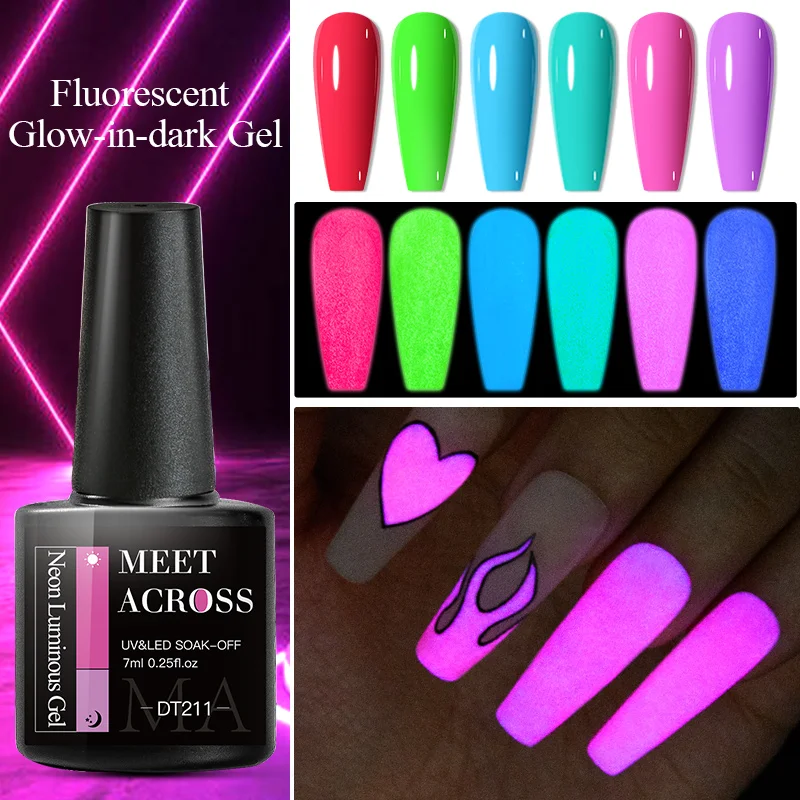 MEET ACROSS 7 ml fluoreszierender, im Dunkeln leuchtender Gel-Nagellack, leuchtendes Neongrün, Rot, Orange, Nagelkunst, UV-Gel, LED-Lack-Design Image
