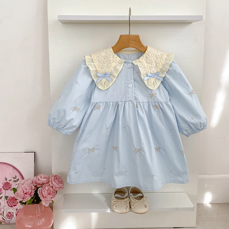 2023 neue Mädchen Kleid Baby Spitze Bogen Kleid Prinzessin Stilvolle kinder Herbst College Stil Einfache Kleine Mädchen Baby Prinzessin kleid Image
