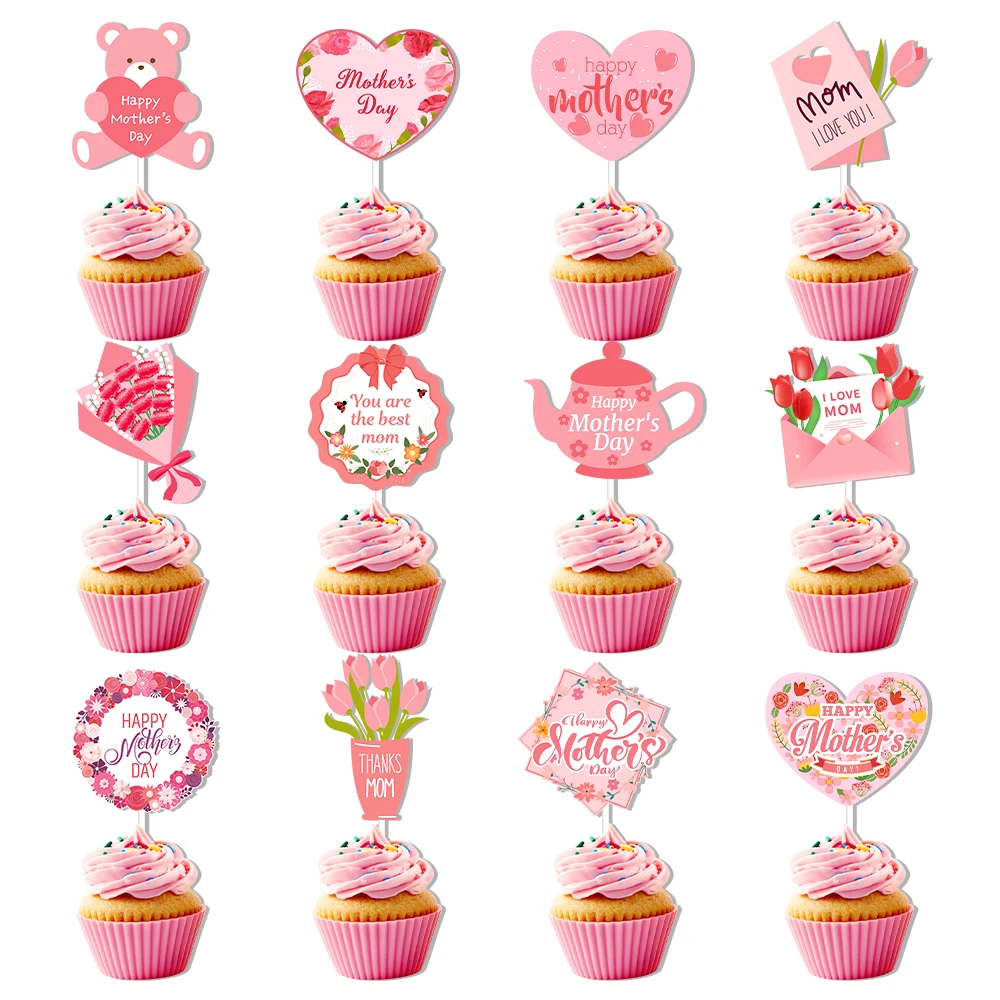 12/24 Stück Tortenaufsätze zum Muttertag, rosa Mutter, Buchstabe, Blume, dekorativ, Muttertagsgeschenk, Geburtstagsfeier, Kuchen, Dessert-Dekoration Image