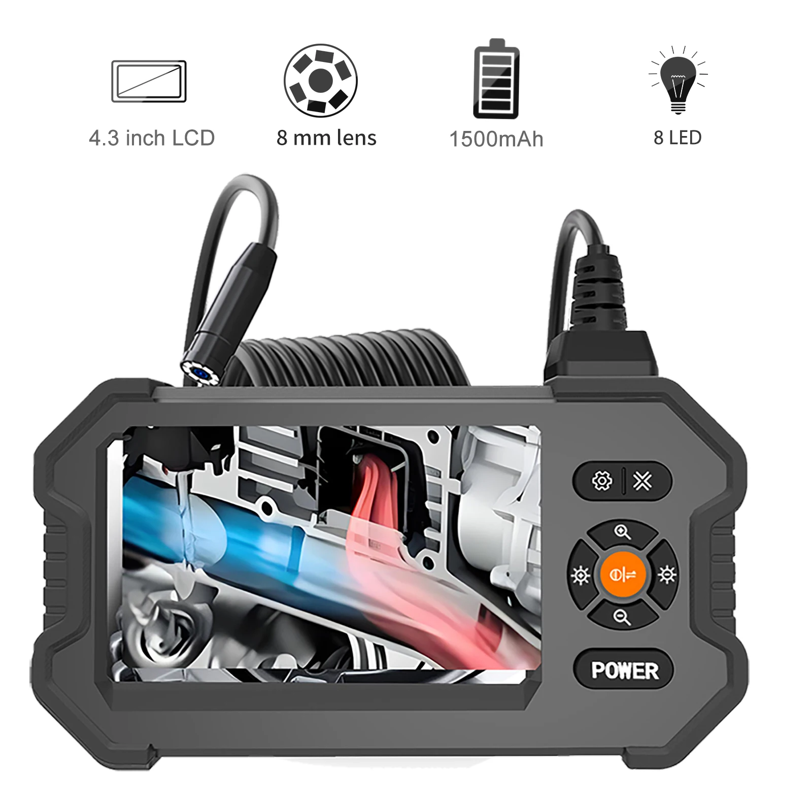 Industrie-Endoskop mit zwei Objektiven, 8 mm, IP67, wasserdichte Kamera, Kanalisationskamera mit 4,3-Zoll-LCD-Bildschirm für industrielle Abflusskameras Image