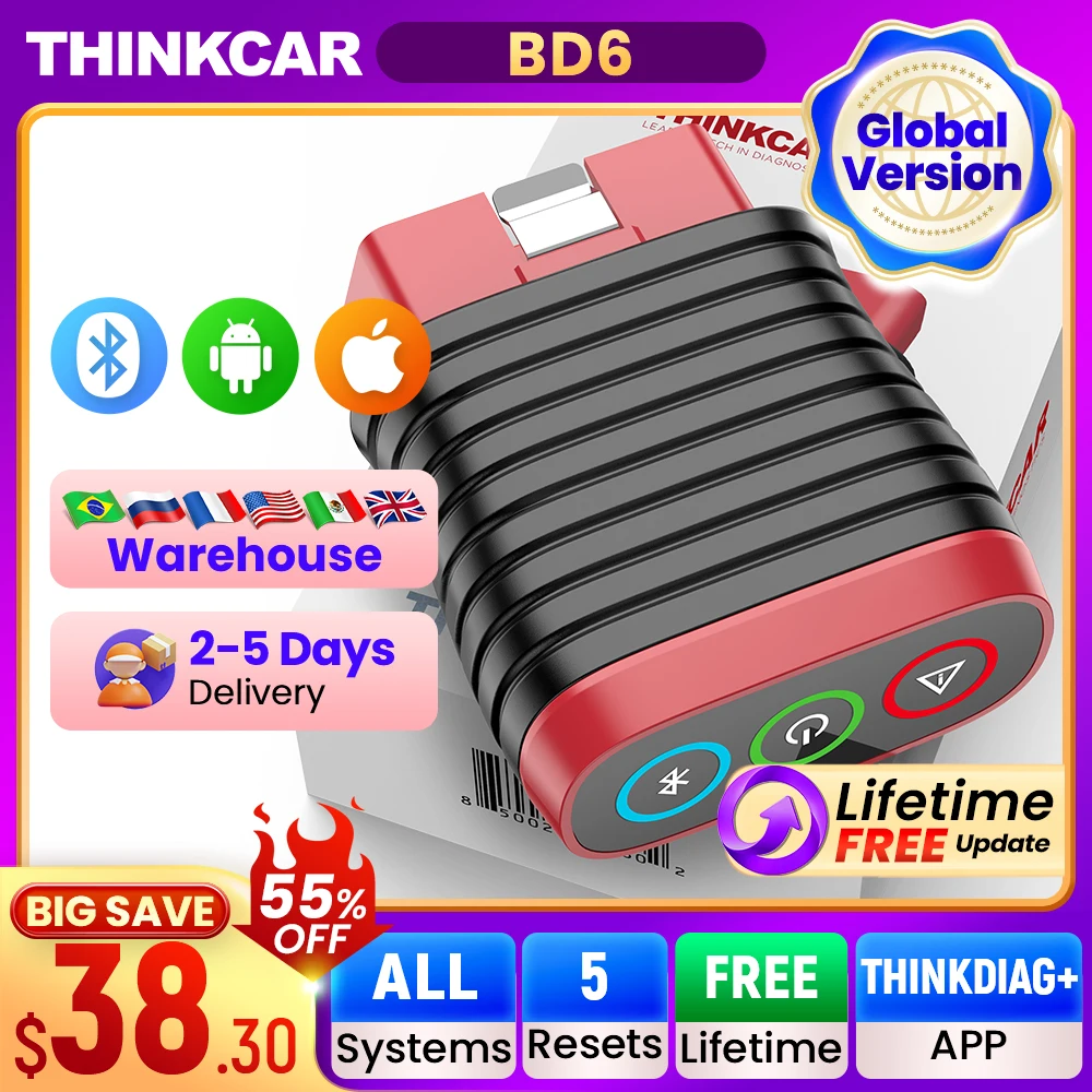 THINKCAR BD6 Bluetooth-Scanner, Auto-Diagnosetool, OBD2-Scanner, vollständige Systemdiagnose, 5 Reset-ÖL, IMMO, Auto-Diagnose-Codeleser Image