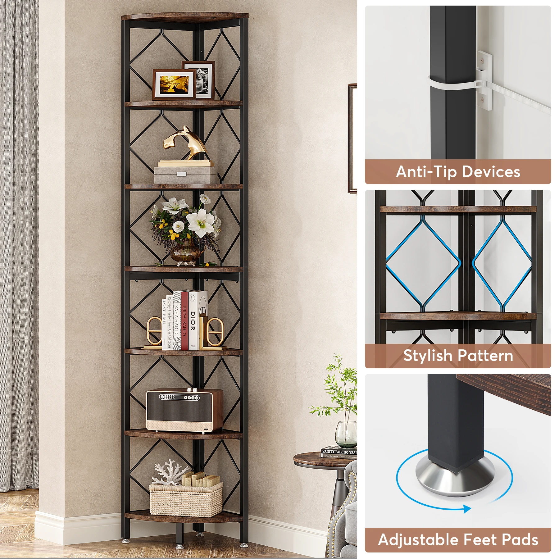 Tribe signs 7-stufiges Eck regal, 78.7 "extra hohes Eck-Bücherregal, industrielles schlankes Eck-Bücherregal für kleinen, schmalen Raum Image