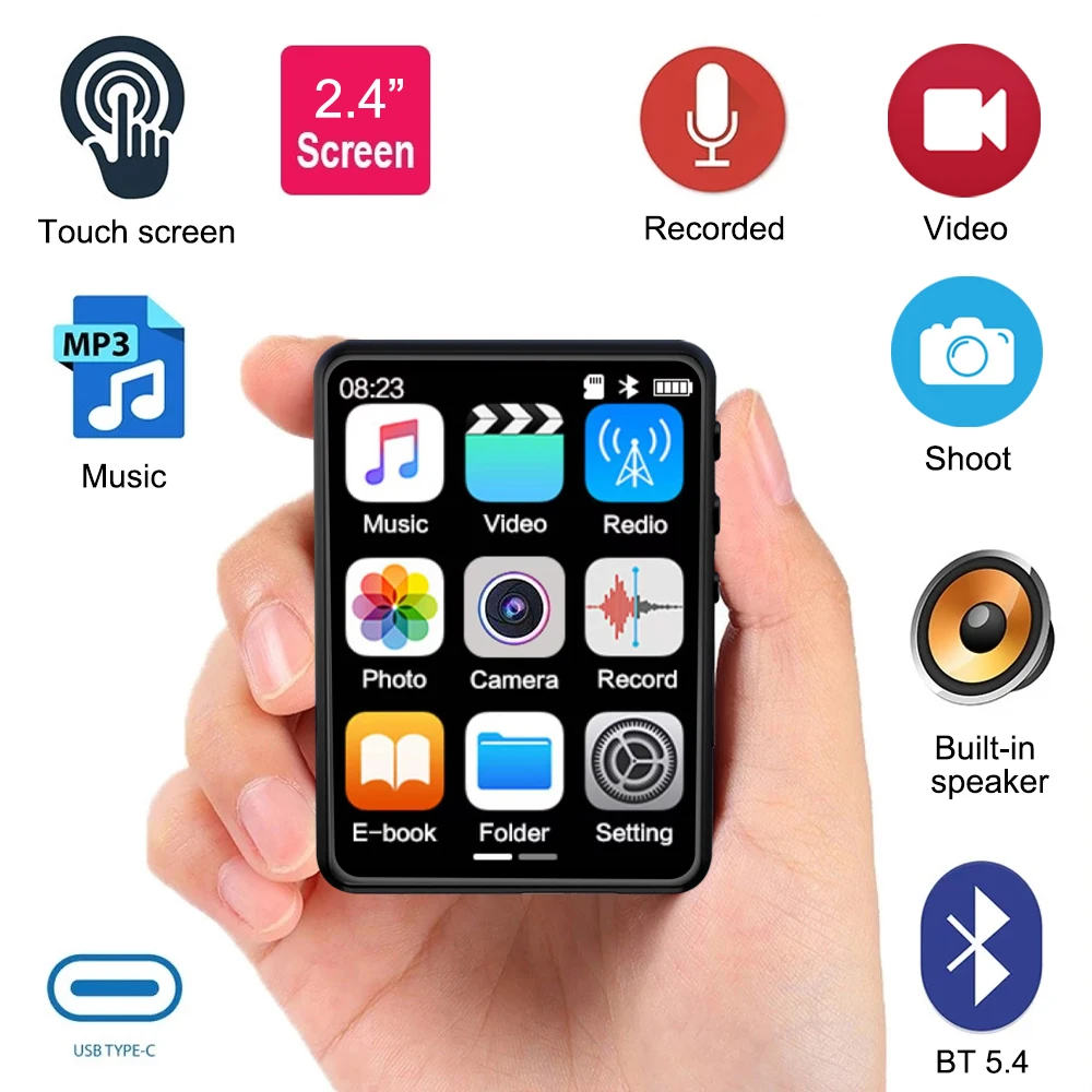 Lettore MP3 da 2,4 pollici Supporto Bluetooth Touch a schermo intero Lettore musicale HiFi Altoparlante incorporato con E-book/FM/Radio/Video