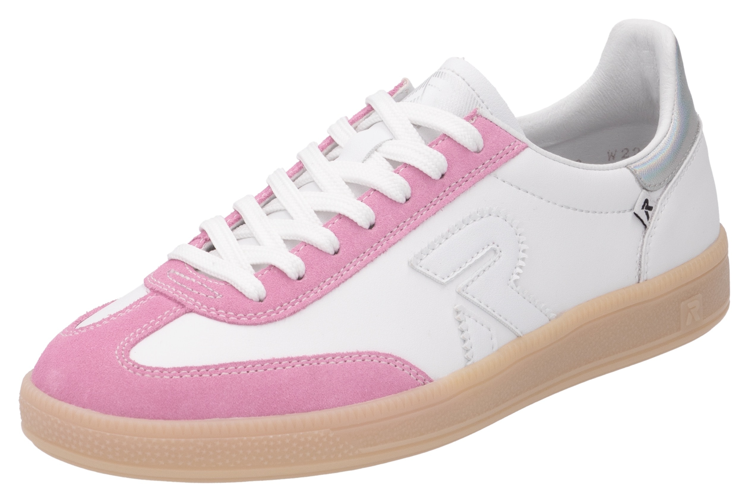 Sneaker RIEKER SPORT "San Diego Swing2GO", Damen, Gr. 45, pink (weiß, pink), Leder, Veloursleder, Schuhe Sneaker, Retro-Sneaker, Freizeitschuh, Halbschuh mit herausnehmbarem Fußbett