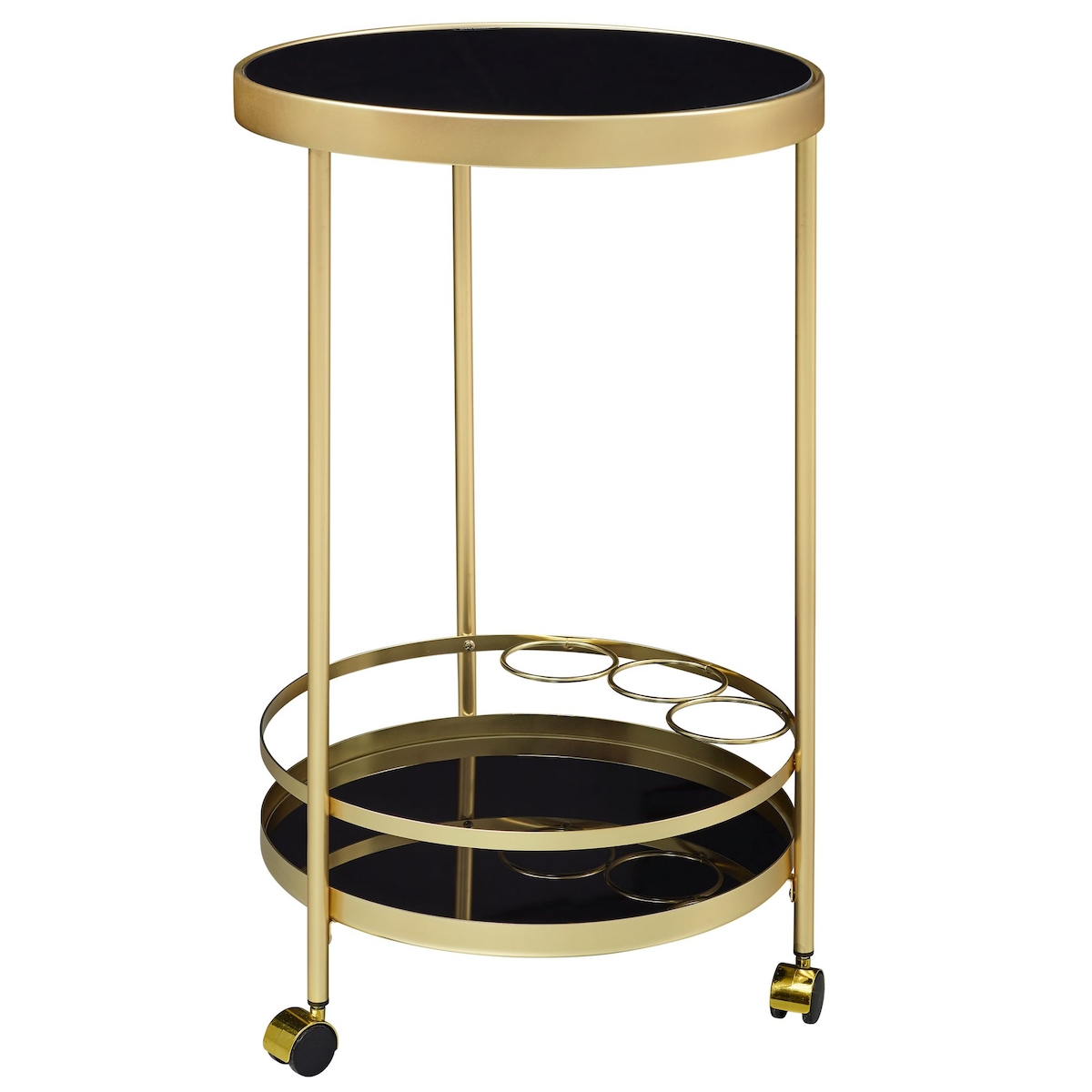 KADIMA DESIGN Design Servierwagen Gold Rund Ø 45cm 2 Ebenen, Beistelltisch auf Rollen mit Glasplatte Schwarz Speisewagen, Küchenwagen, Image