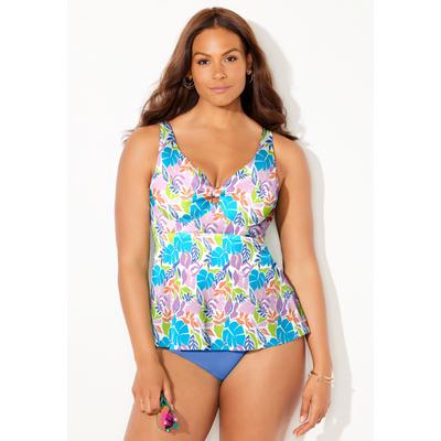 Plus Size Women's Knot Front V-Neck Underwire Tankini Top by Swimsuits For All in White Pastel Leaves (Size 26)