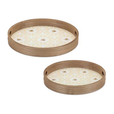 Round Bumble Bee Tray with Natural Wooden Accents (Set of 2) by Melrose in Yellow Brown