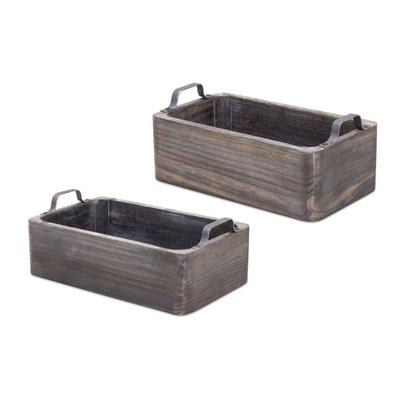 Natural Wooden Box Tray with Metal Handle Accent (Set of 2) by Melrose in Brown