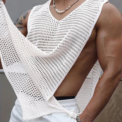 TEMU Incerun Men's Sheer Mesh Tank Top - V-neck, Sleeveless, Lace-up Sexy Streetwear Vest In Solid Colors, Breathable Summer Wear, Sizes S-5xl Image