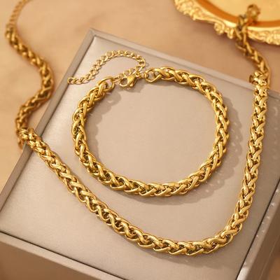 TEMU 2pcs Casual Necklace And Bracelet Set, Unisex, Iron , No Pendant, For Mardi Gras, Thanksgiving, Christmas Image