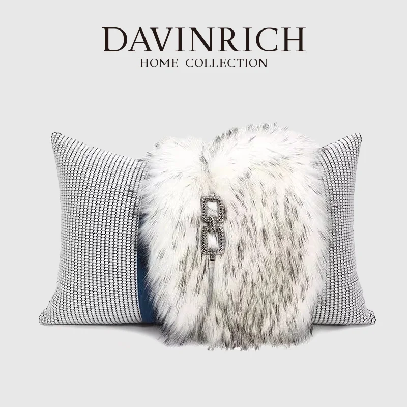 DAVINRICH Nordic Snow Fox Weißer und grauer strukturierter Kunstfell-Lendenkissenbezug, moderner, minimalistischer, luxuriöser Kissenbezug, 30 x 50 cm Image
