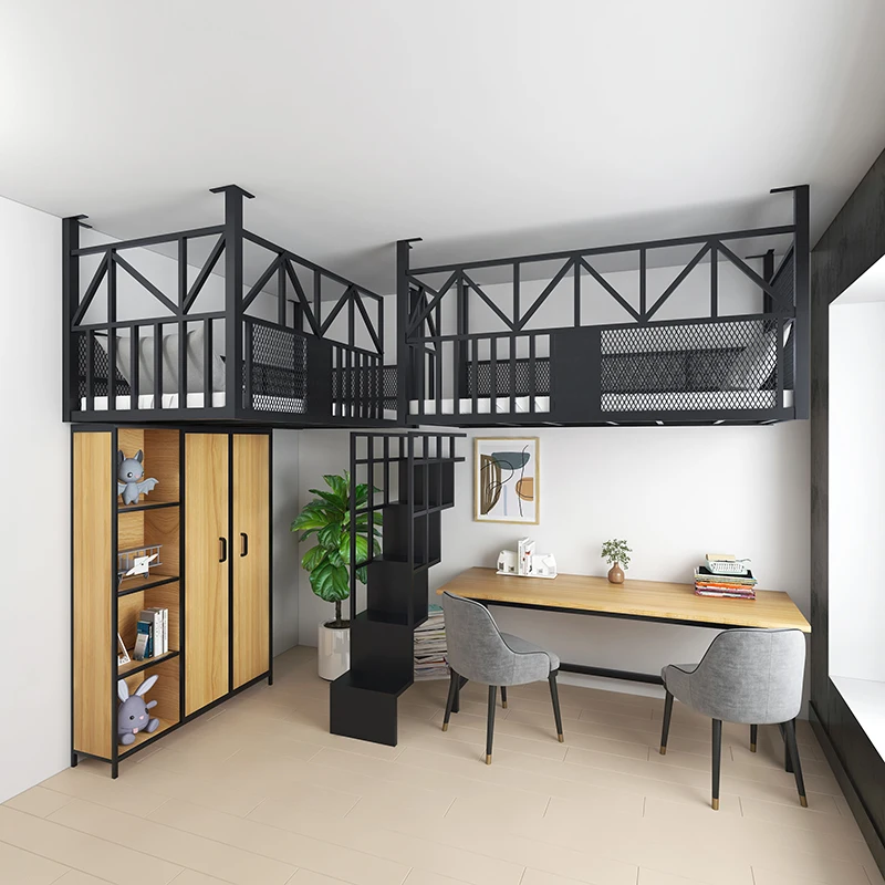 Pavillon-Bett, zweiter Etage, hängende Deckenhängematte, einfache Duplex-Wohnung, platzsparendes, schmiedeeisernes oberes, erhöhtes Loft Image
