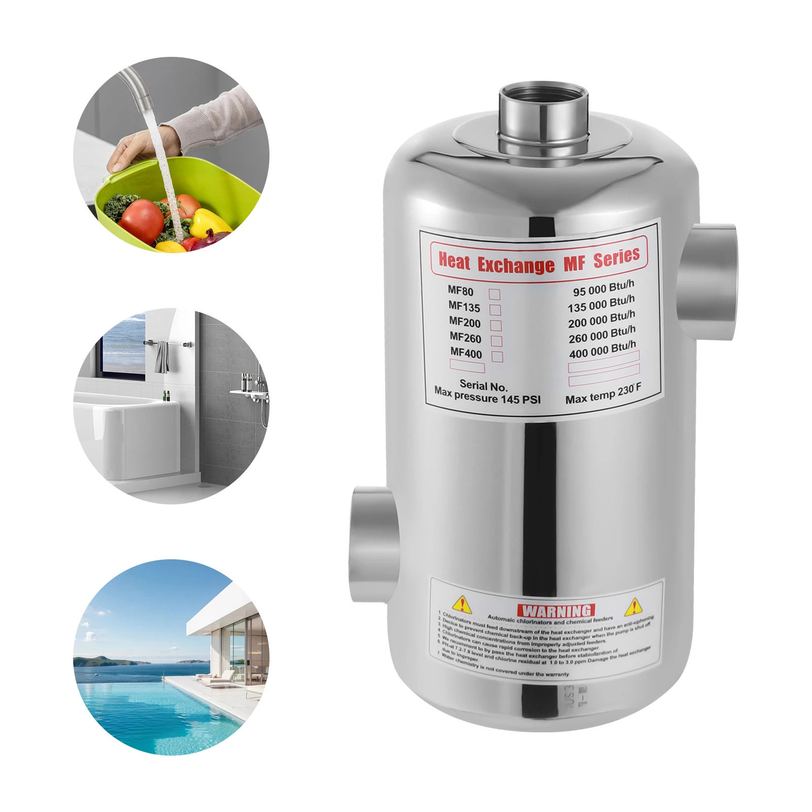 Échangeur de chaleur de piscine en acier inoxydable 28kw, échangeur de chaleur de piscine 1292x134mm, chauffe-eau de piscine en acier inoxydable