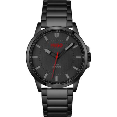 Quarzuhr HUGO "FIRST", schwarz (schwarz, schwarz), Armbanduhren, Herren, Armbanduhr, Herrenuhr, Mineralglas, Edelstahlarmband